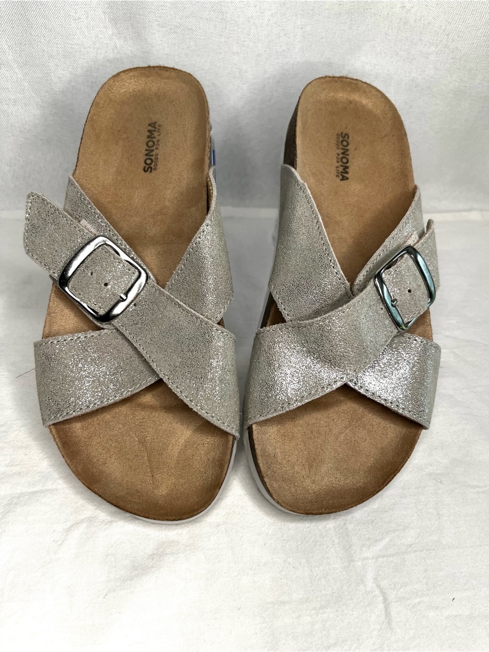 ✨Sonoma TerraCon Silver Leather Slide Sandals Women’s Size 6M Comfort Footbed